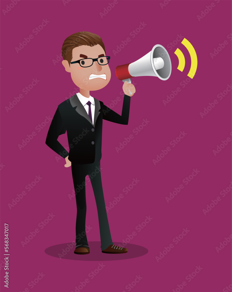 businessman or manager say something special in loudspeaker. Man in a business suit says something important