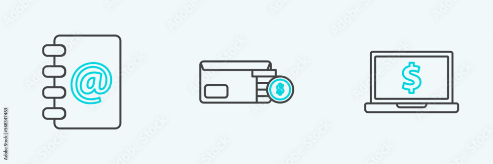 Set line Laptop with dollar symbol, Address book and Envelope coin icon. Vector Set line Laptop with dollar symbol, Address book and Envelope coin icon. Vector