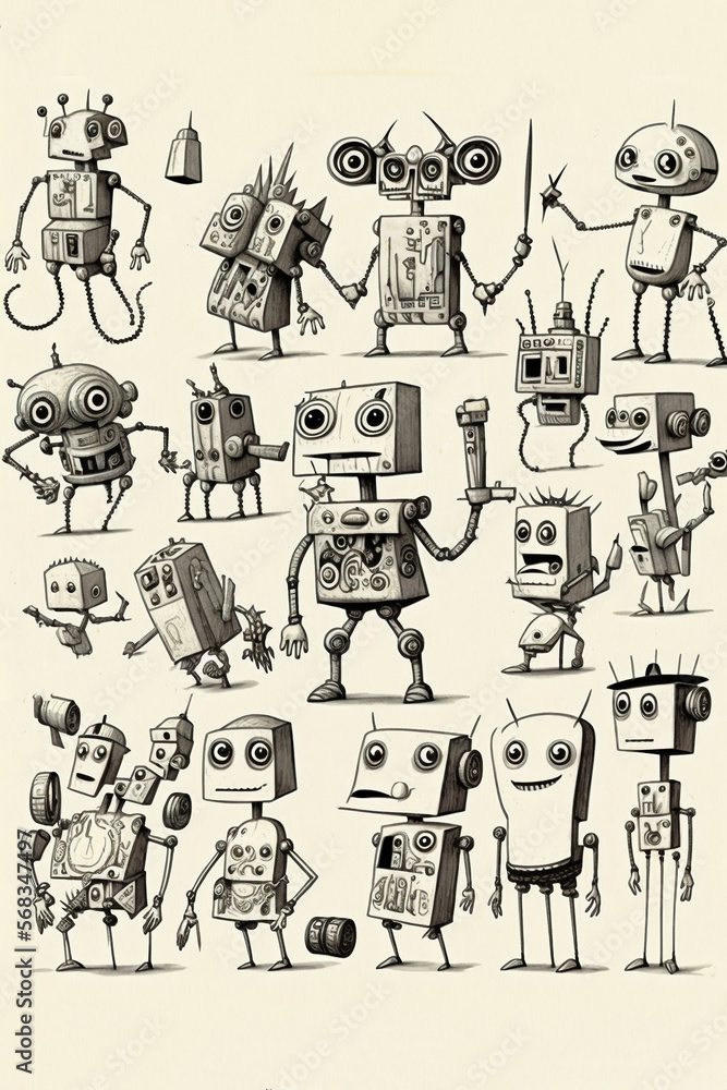 ink drawing of several funny robots - generative AI ink drawing of several funny robots - generative AI