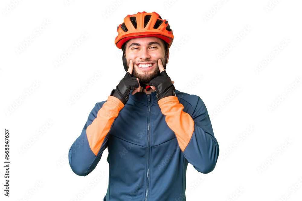 Young cyclist man over isolated chroma key background smiling with a happy and pleasant expression Young cyclist man over isolated chroma key background smiling with a happy and pleasant expression
