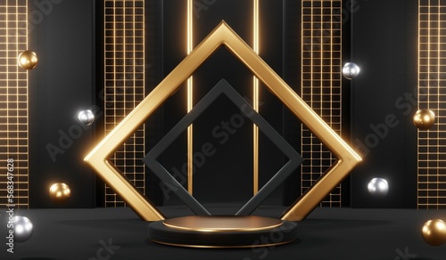 Stylish and contemporary 3D render black podium background perfect for any professional presentation, keynote or event. Its modern and sleek design adds sophistication to your product demo or show