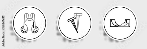 Set line Skate park, Parachute and Pegs for tents icon. Vector