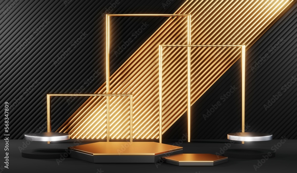 Stylish and contemporary 3D render black podium background perfect for any professional presentation, keynote or event. Its modern and sleek design adds sophistication to your product demo or show