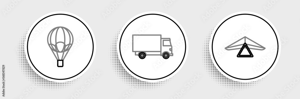 Set line Hang glider, Hot air balloon and Delivery cargo truck vehicle icon. Vector Set line Hang glider, Hot air balloon and Delivery cargo truck vehicle icon. Vector