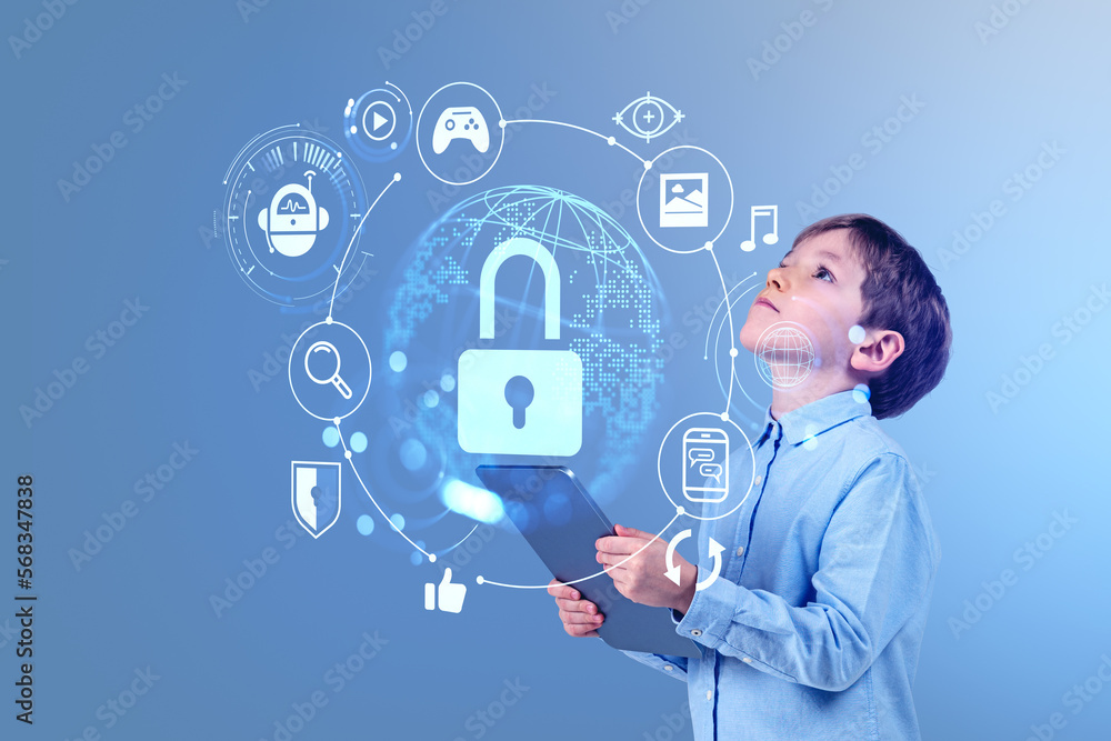 Child boy with tablet, earth globe with cybersecurity hologram a Child boy with tablet, earth globe with cybersecurity hologram a
