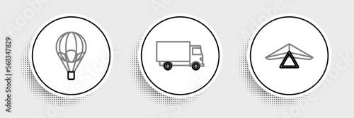 Set line Hang glider, Hot air balloon and Delivery cargo truck vehicle icon. Vector