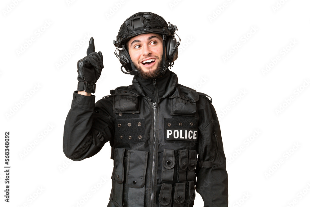 SWAT over isolated chroma key background intending to realizes the solution while lifting a finger up SWAT over isolated chroma key background intending to realizes the solution while lifting a finger up