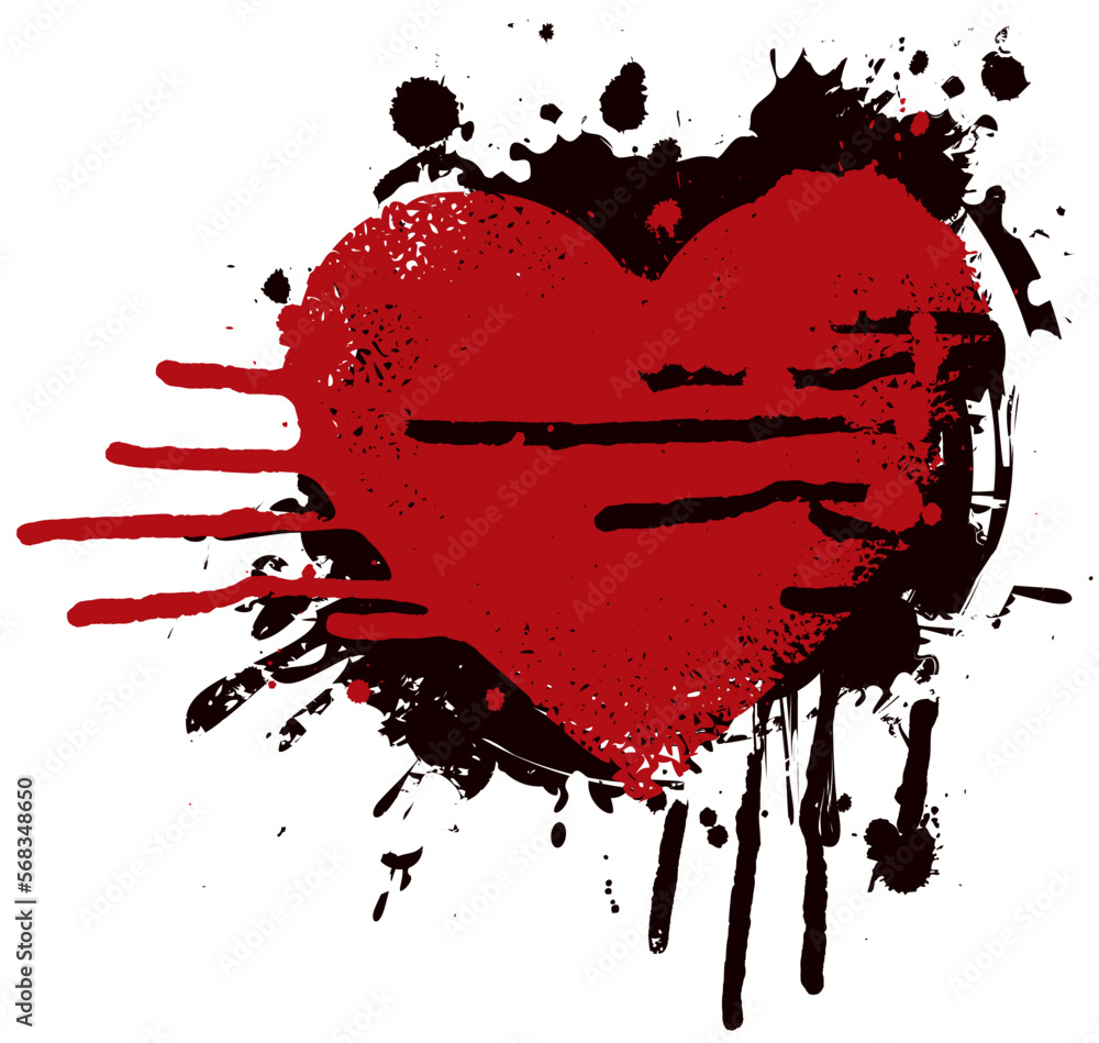 Vector abstract black and red heart sign with drops and streaks. A