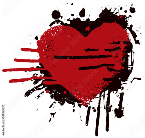 Vector abstract black and red heart sign with drops and streaks. A bloody heart with spots isolated. Suitable for valentine card, t-shirt design, tattoo, sticker, design element, greetin