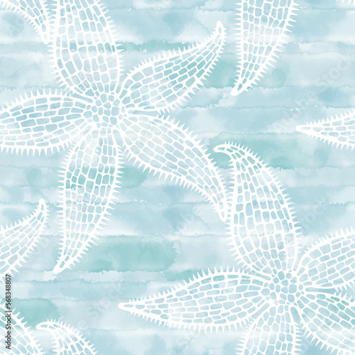 Marine background. Starfish on blue watercolor background. Seamless vector pattern. Perfect for wallpaper, wrapping, fabric and textile.