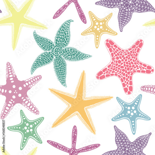 Multicolored starfish.  Seamless vector pattern on white. Perfect for wallpaper, wrapping, fabric and textile.