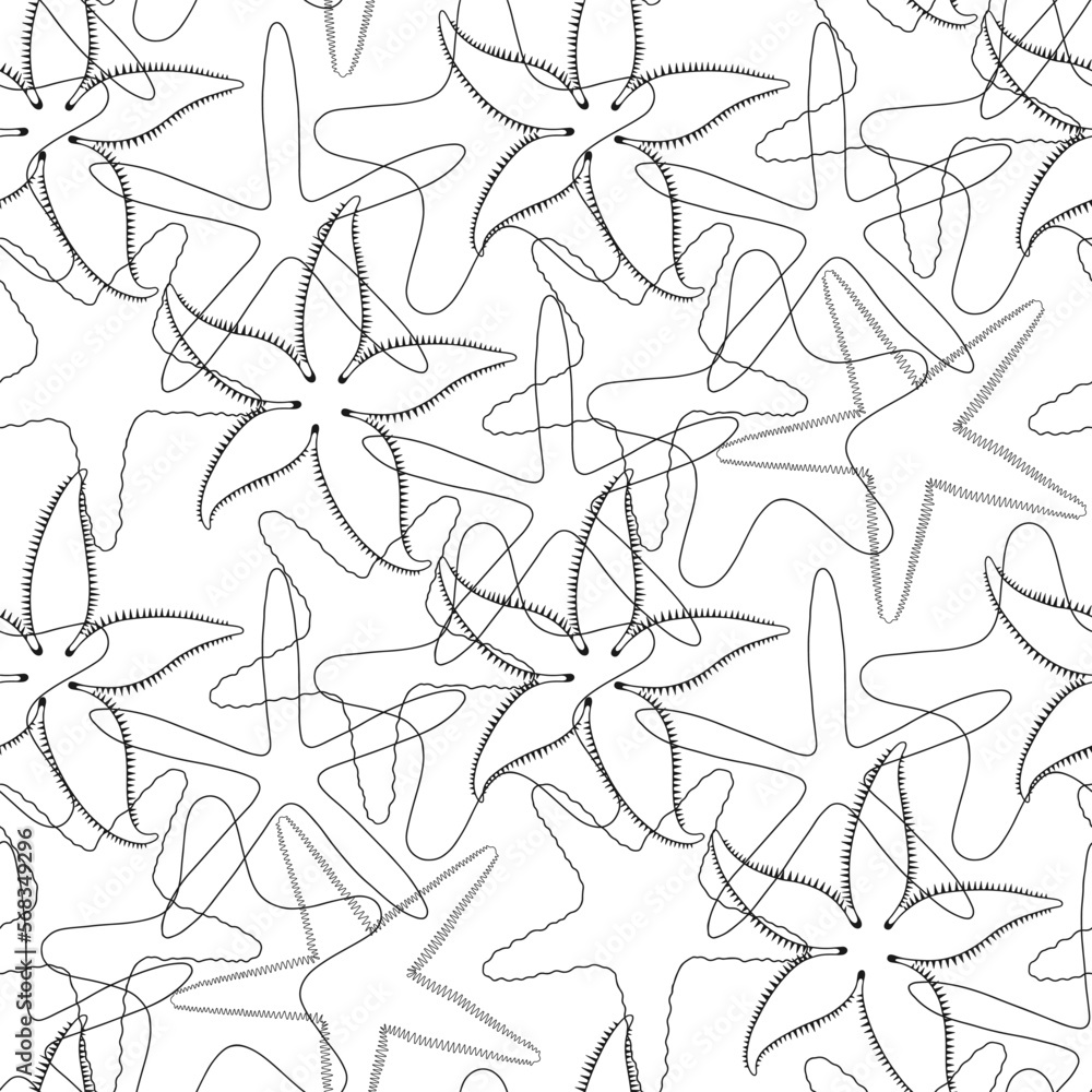 Starfish. Seamless vector pattern on white. Line art. Perfect for wallpaper, wrapping, fabric and textile. Black and white.