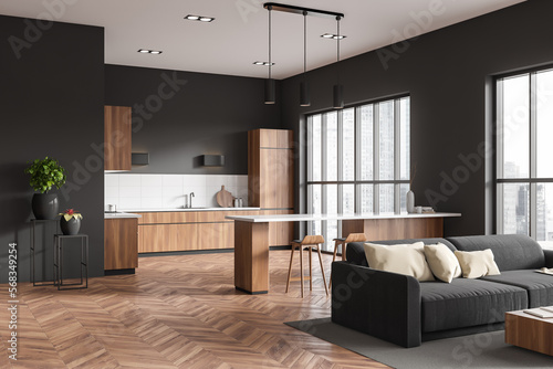 Photography Grey studio interior with relaxing and cooking area with panoramic window