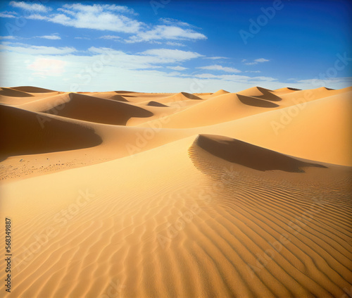 Sand dunes in the desert. Sand ripples and blue sky, sunny day. Generative AI