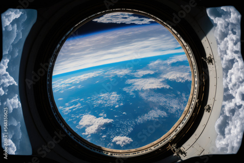 NASA provided the space station window view of Earth for this photograph. Generative AI