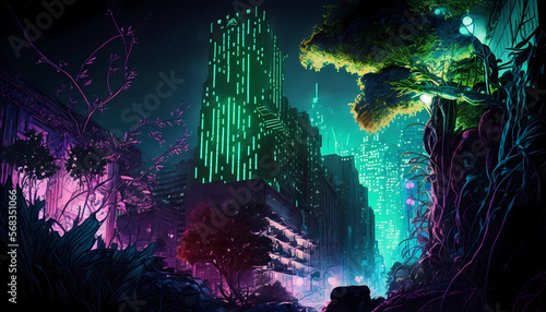 Forest Invades Futuristic Neon Metropolis, Dynamic Nightscape of a High-Tech City, Generative AI