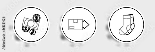Set line Socks, Money cash and coin and Carton cardboard box icon. Vector