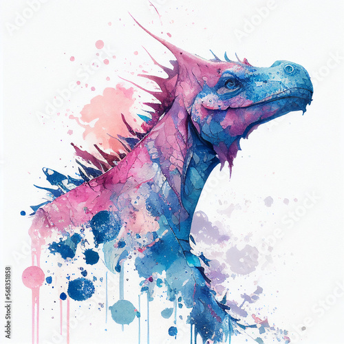 Dinosaur Watercolour Pink Blue Splatter Texture Reptile Beast Monster Dragon Generative AI Tools Technology illustration