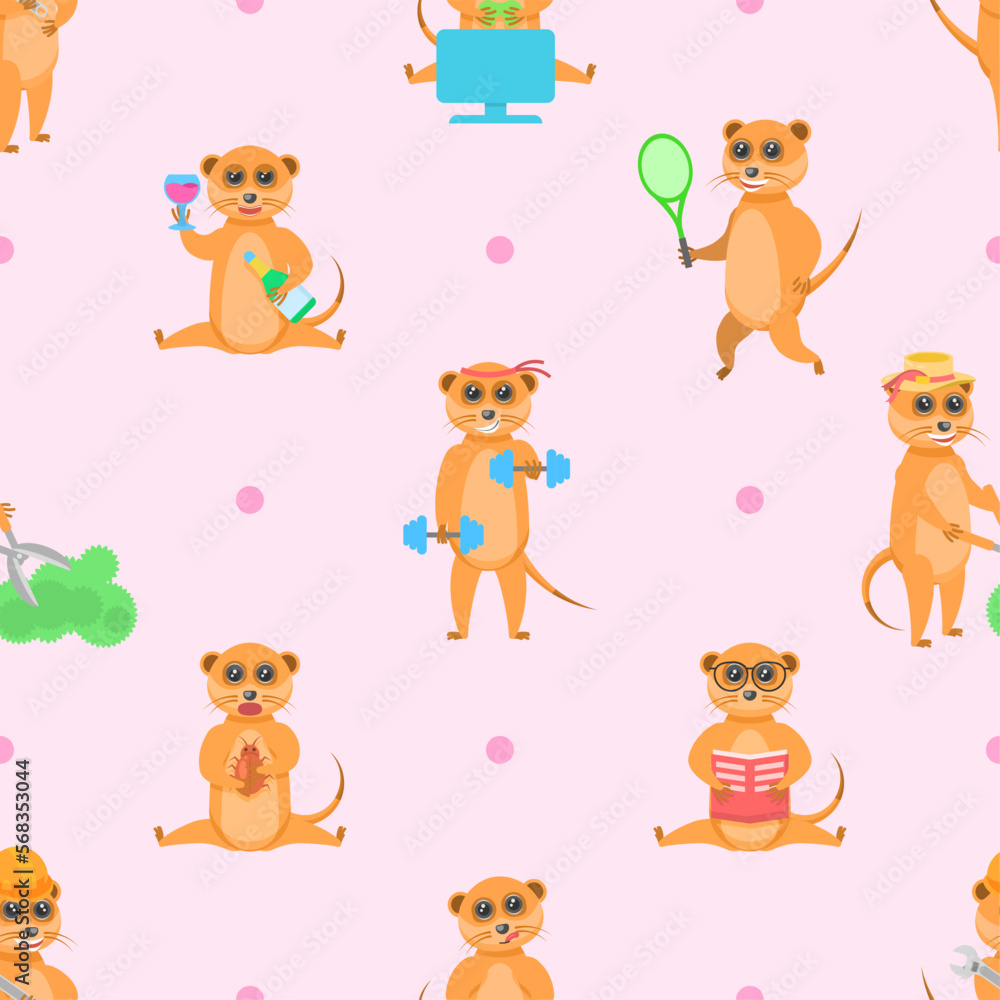 Obraz premium Seamless Pattern Abstract Elements Animal Meerkats Wildlife Vector Design Style Background Illustration Texture For Prints Textiles, Clothing, Gift Wrap, Wallpaper, Pastel