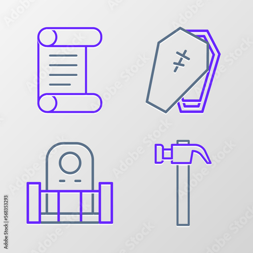 Set line Hammer, Grave with tombstone, Coffin cross and Decree, parchment, scroll icon. Vector