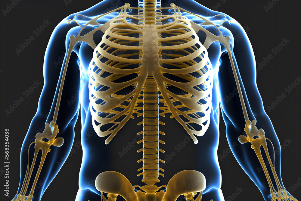 Fat man with obesity, an xray of the bones of the torso, chest. Generative AI technology. Stock