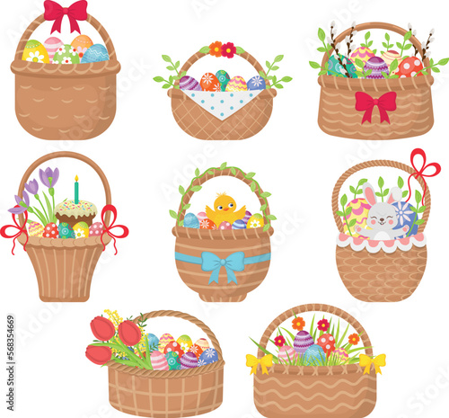 Easter baskets clipart. Easter decorative baskets. Baskets with Easter cakes, flowers and eggs