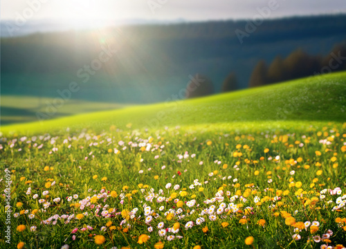 Fototapeta Naklejka Na Ścianę i Meble -  Beautiful natural spring summer landscape of a flowering meadow in a hilly area on a bright sunny day. Many flowers in a field in green grass. Small zone of sharpness.