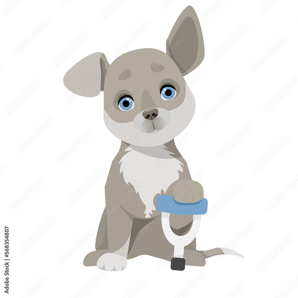 Gray small dog with a sore paw and a crutch Gray small dog with a sore paw and a crutch