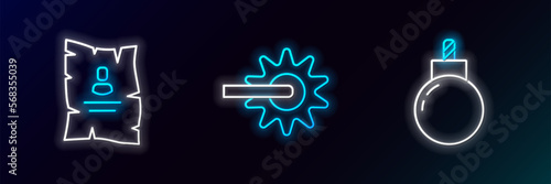 Set line Bomb ready to explode, Wanted western poster and Spur icon. Glowing neon. Vector