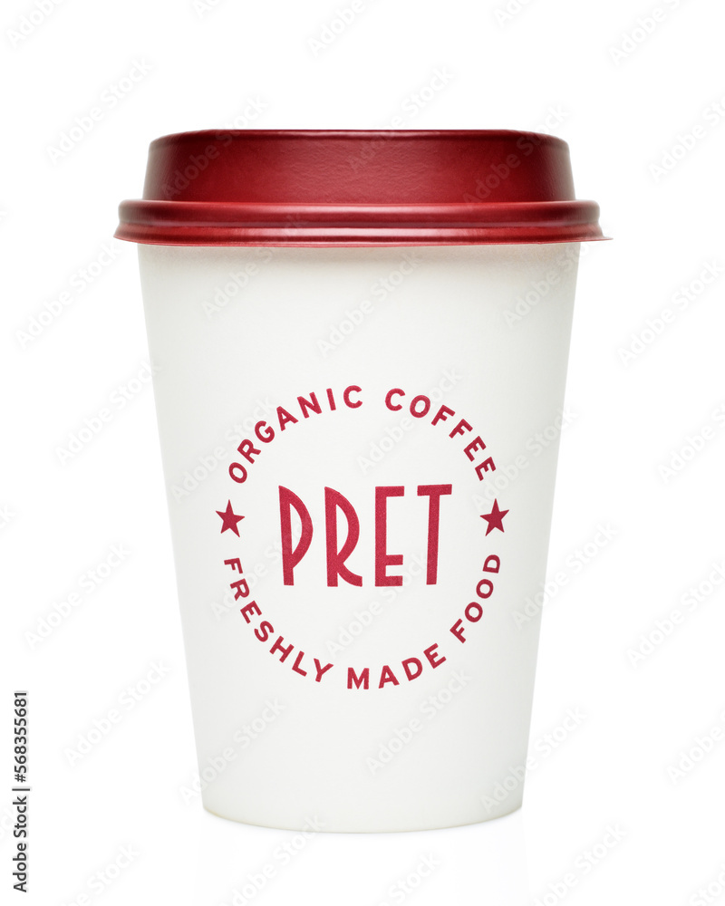 Pret a Manger coffee cup from the UK based global ready food franchise.  January 25, 2023, London, United Kingdom Photos | Adobe Stock