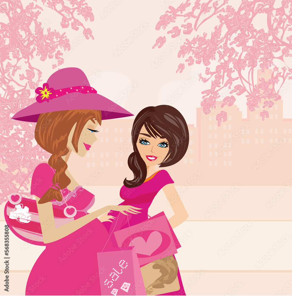 pregnant friends shopping together in the city pregnant friends shopping together in the city