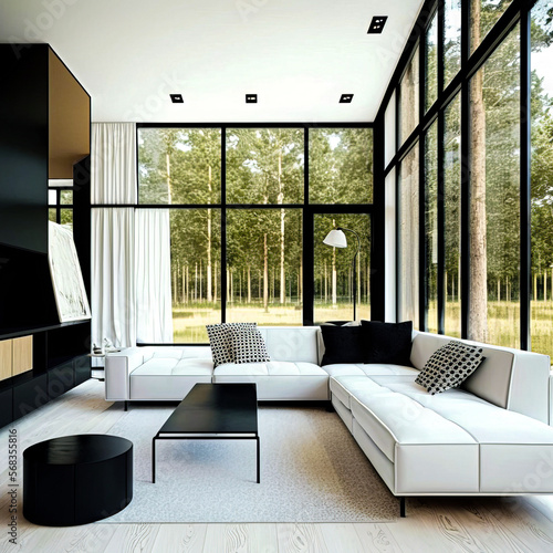 Full glass open living room interior design with black and white theme  nature view from window made by generative AI