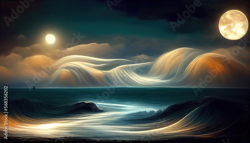 Night fantasy landscape with abstract mountains and isl 3d render raster illustration. Generative Ai photo