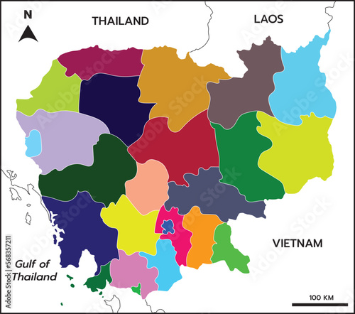 Cambodia map. High detailed with colorful device province include border countries, Thailand, Laos, Vietnam