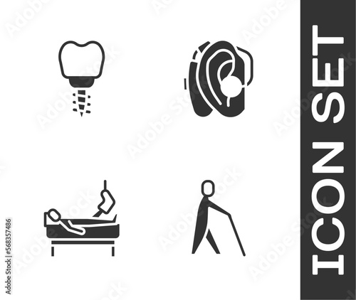 Set Blind human holding stick, Dental implant, Patient with broken leg and Hearing aid icon. Vector