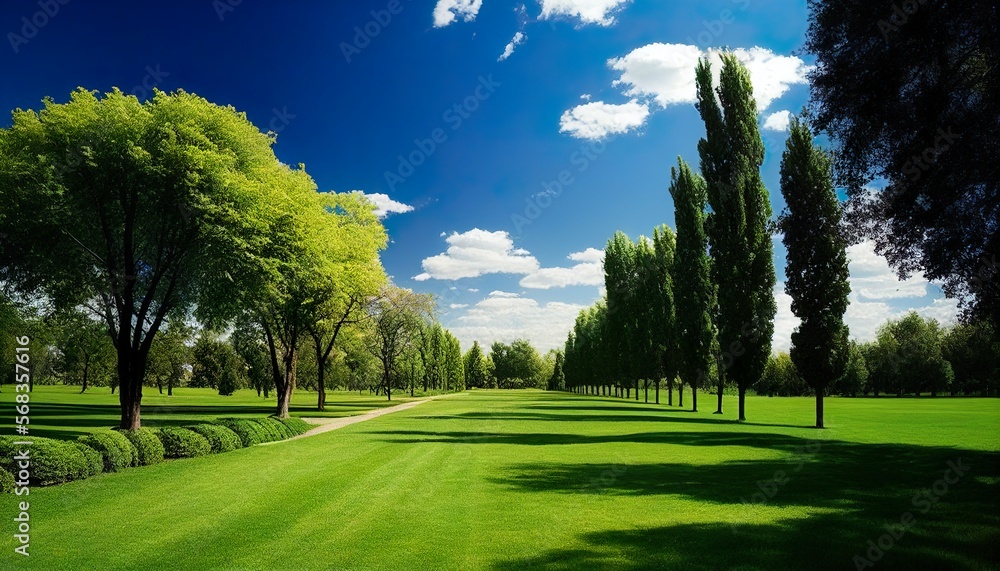 neatly trimmed lawn surrounded by trees against a blue sky with clouds on a bright sunny day