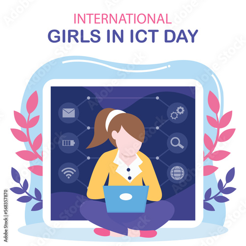 illustration vector graphic of a woman working on a laptop, perfect for international day, girls in ict day, celebrate, greeting card, etc.