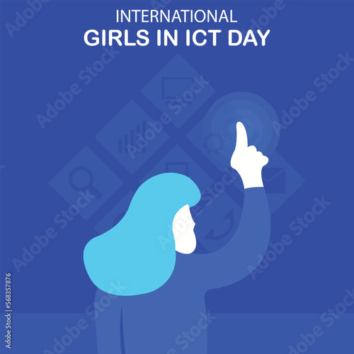 illustration vector graphic of a woman pressing a button on a touch screen, perfect for international day, girls in ict day, celebrate, greeting card, etc.