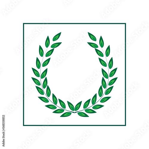 Green laurel wreath isolated in white square.