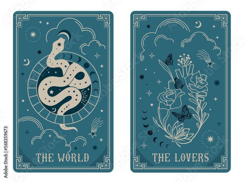 Tarot cards The World and The Lovers, Celestial Tarot Cards Basic witch tarot.