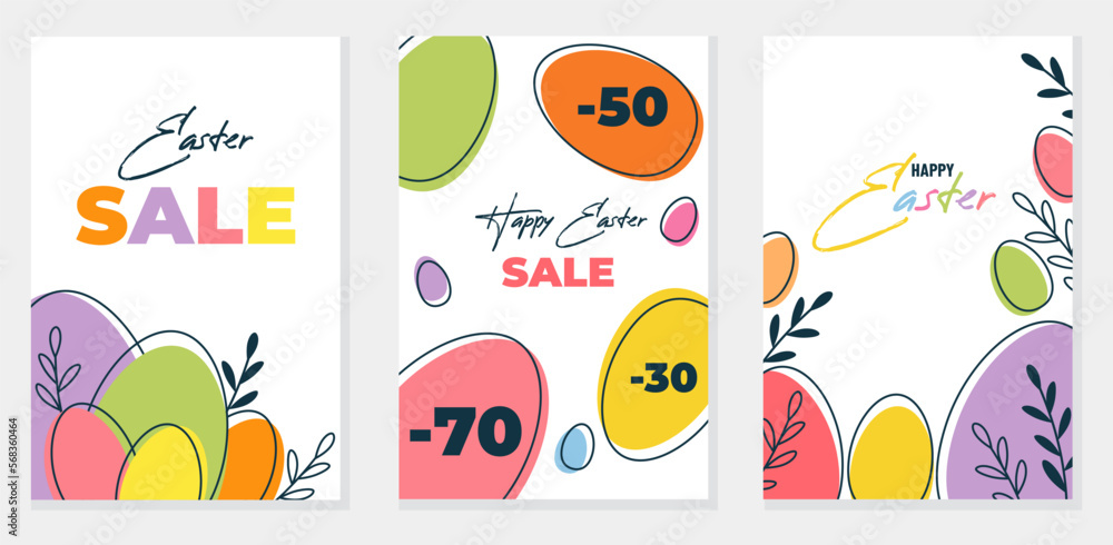 Happy Easter Set of Sale banners, greeting cards, posters, holiday covers template, with typography, plants, eggs in pastel colors. Vector illustration in flat style