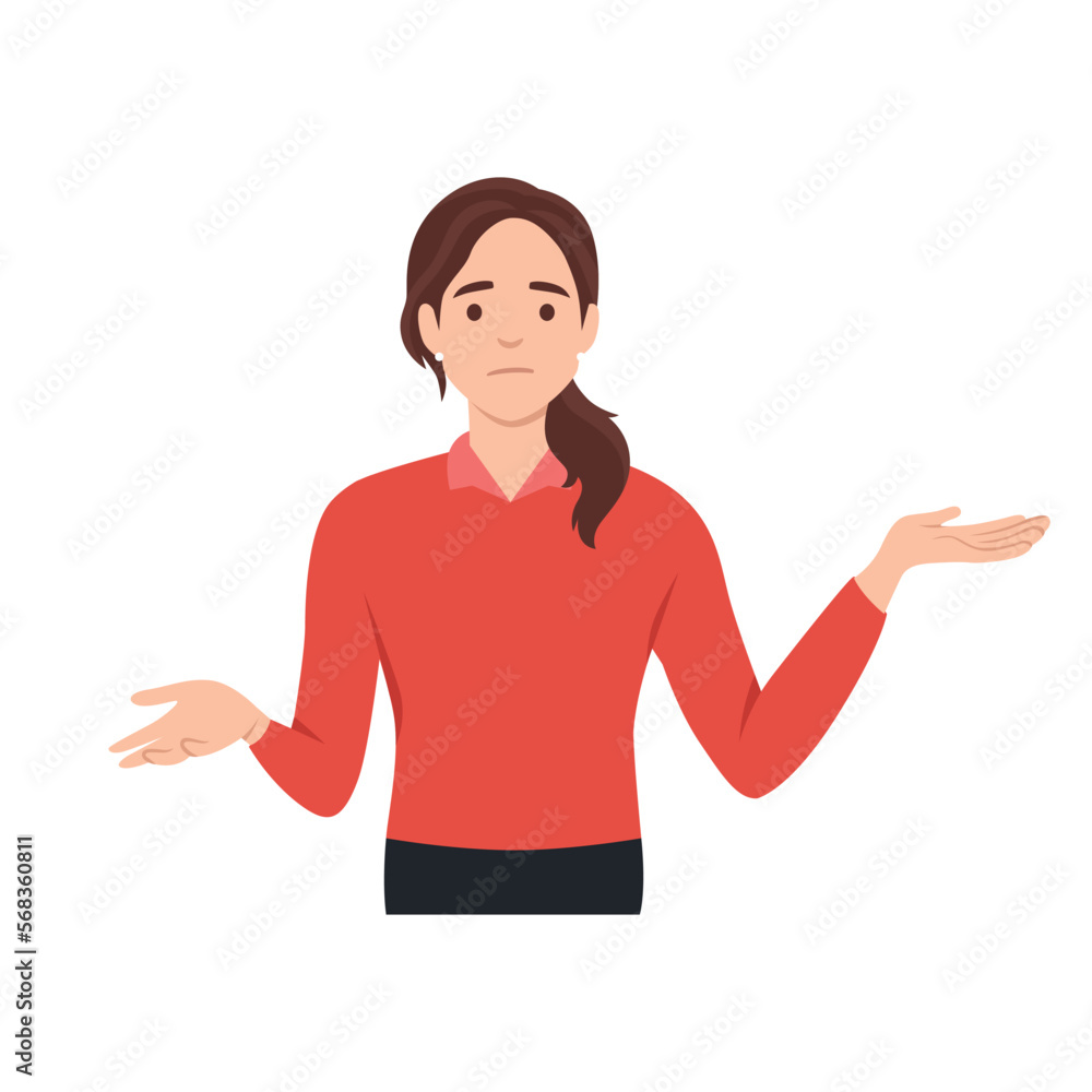 Young confused female character is standing and choosing between two colors on colorful background. Concept of choice, thinking, doubt, problem. Flat vector illustration isolated on white background Young confused female character is standing and choosing between two colors on colorful background. Concept of choice, thinking, doubt, problem. Flat vector illustration isolated on white background