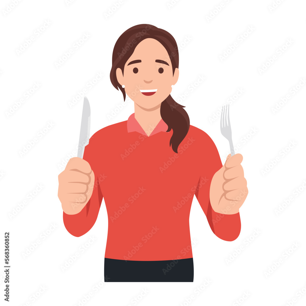 Young woman holding fork and knife. Hungry woman waiting for food. Flat vector illustration isolated on white background Young woman holding fork and knife. Hungry woman waiting for food. Flat vector illustration isolated on white background