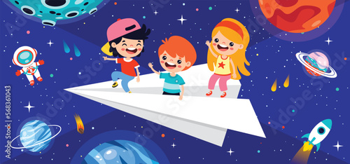 Cartoon Kids Flying With Paper Plane