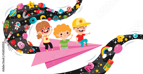 Cartoon Kids Flying With Paper Plane