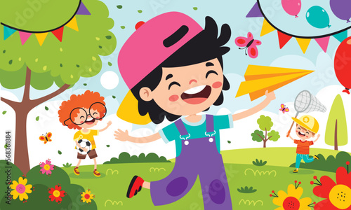 Cartoon Kids Playing At Nature