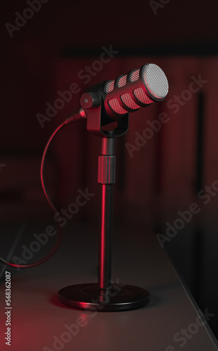 Pod Mic on Table in dark studio recording room with Red and Blue highlights