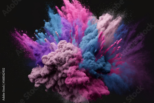 powder explosion in shades of pink, violet, and blue on a dark background. Exploding color powder in slow motion. Illustration. Generative AI