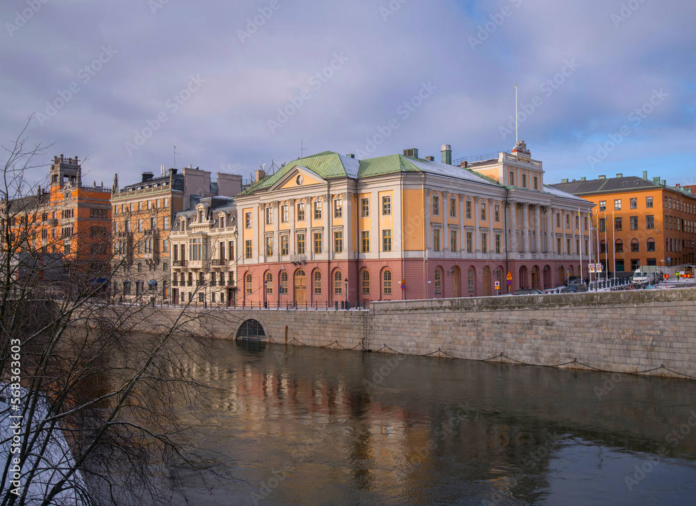 Obraz premium Department of foreign affairs, department houses and the Prime minister house Sagerska huset a sunny snowy winter day in Stockholm
