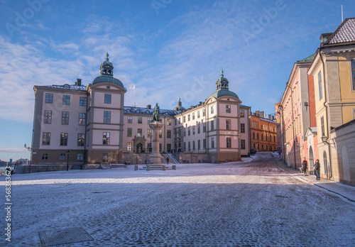 Old court houses on the island Riddarholmen a sunny snowy winter day in Stockholm